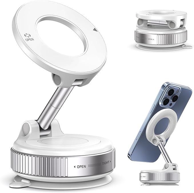 Vacuum Magnetic Suction Phone Holder, Foldable and Retractable Hands-Free Suction Cup Phone Mount for Car/Gym/Mirror/Smooth Surface, Compatible with iPhone Android and All Smartphones (White)