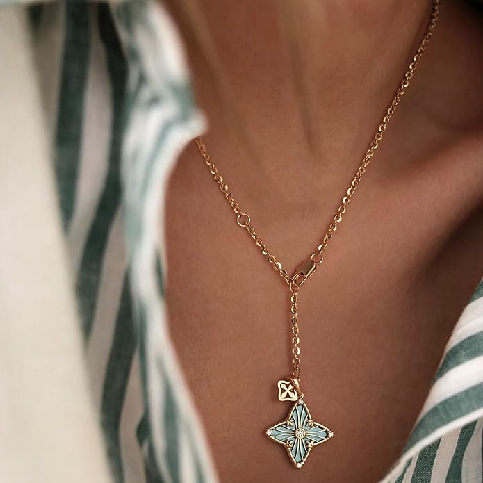 MYEARS Women Clover Necklace Pendant Lapis Lazuli/Mother of Pearl/Turquoise/Yellow Tiger's Eye Cubic Zirconia 14K Gold Simple Dainty Chain Everyday Trendy Lucky Jewelry