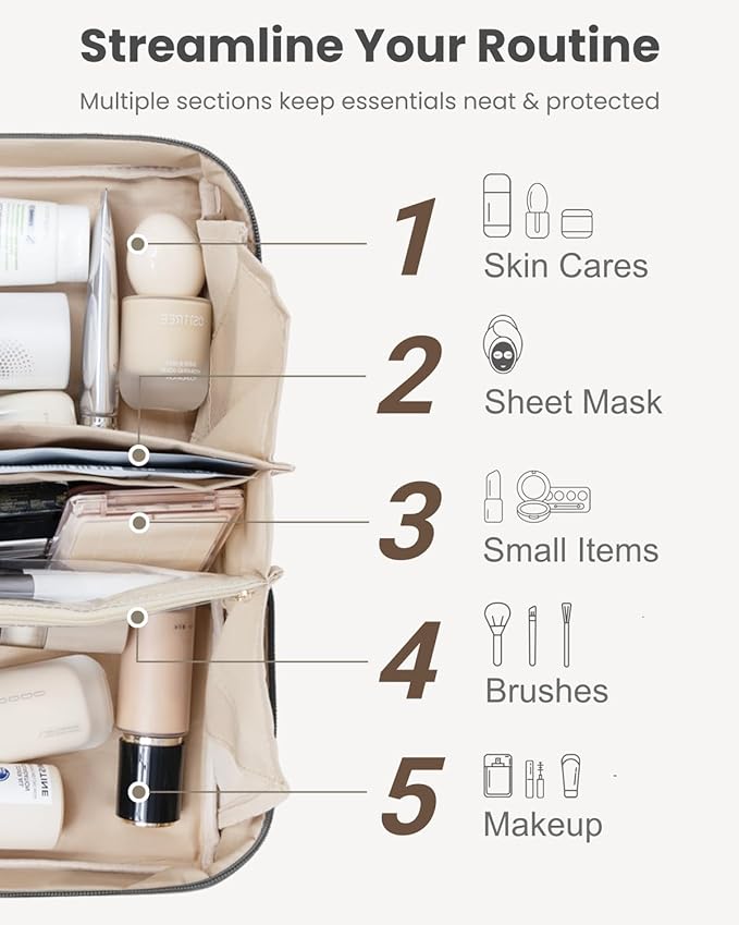 Travel Makeup Organizer Bag, Large Capacity Cosmetic Bags with Multiple Compartments, Open-Flat Toiletry Bag Portable Waterproof Pouch for Women Beauty Essentials (Black)