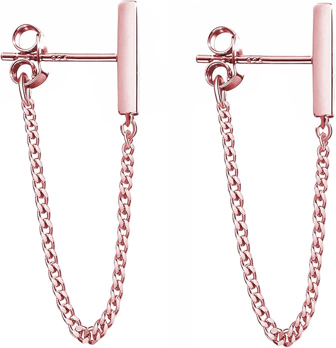 Reffeer Solid 925 Sterling Silver Stud Earrings Minimalist Bar Earrings with Chain Dangle Earrings For Women