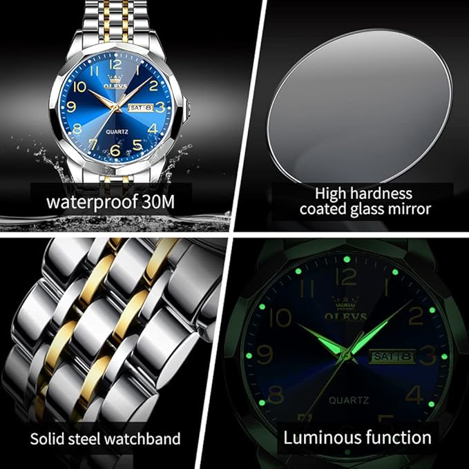 OLEVS Watch for Men Women Large Face Unisex Diamond Luxury Dress Analog Quartz Stainless Steel Waterproof Luminous Date Business Casual Wrist Watch