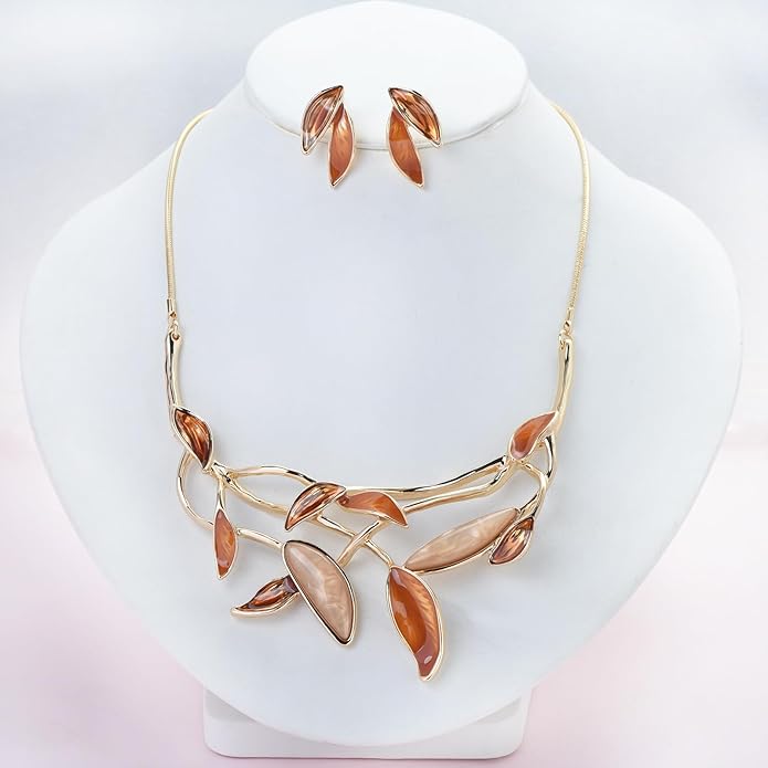 Retro Women's Crystal Floral Petal Leaf Chunky Statement Necklace and Earrings Set Party Jewelry