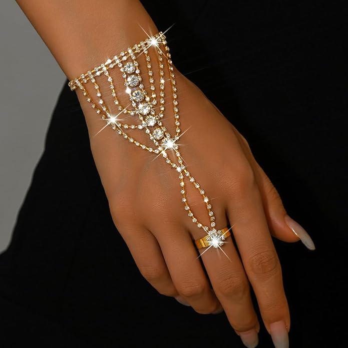 Sparkly Rhinestone Hand Chains Finger Ring Bracelets Silver Crystal Flower Chain Ring Bracelet Boho Hand Harness Chain Bracelet Wedding Party Prom Christmas Fashion Jewelry Accessories for Women