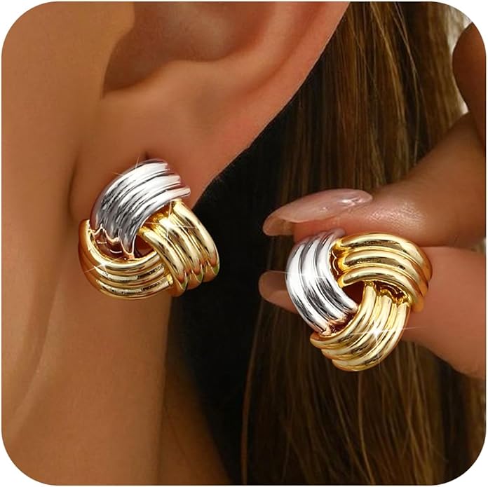 ORAZIO Chunky Gold Plated Knot Earrings for Womens Trendy 925 Silver Statement Lightweight Dangle Drop Hypoallergenic Large Geometric Stud Earring Jewelry for Women