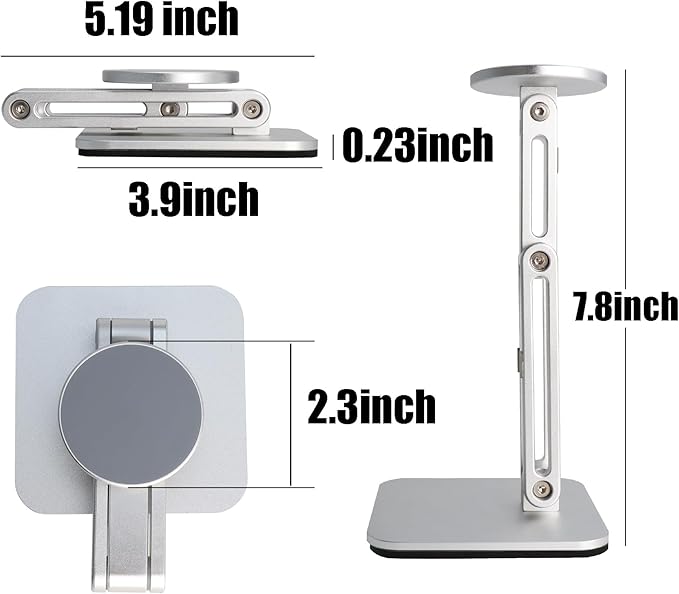 YUEFIEL Magsafe Phone Stand for Desk, Heightened & Adjustable & Foldable Metal Magnetic Phone Holder Stand for Desk/Office/Home, Compatible with iPhone 12-17All Series/Mag-Safe Case (Silver)