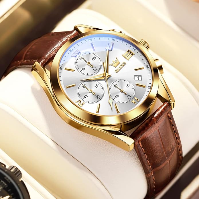 OLEVS Men's Watches Brown Leather with Date,Casual Watches for Men,Large Face Watches Men,Chronograph Mens Watch,Sport Waterproof Business Dress Analog Quartz Men's Wrist Watches Reloj De Hombre