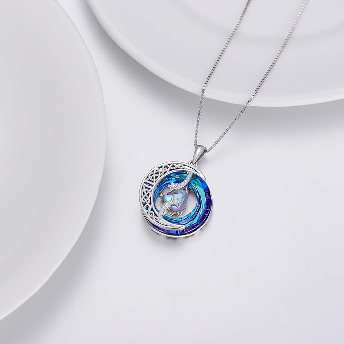 TOUPOP Birthstone Necklace 925 Sterling Silver Moon and Star Pendant with Blue Crystal Celtic Moon Jewelry Birthday Valentines Day Gifts for Women Mom Wife Her