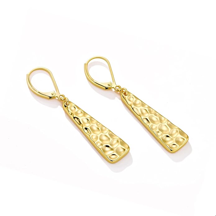 ALEXCRAFT 925 Sterling Silver Dangle Earrings for Women, 14K Gold Plated French Leverback Earrings, Hypoallergenic Lightweight Statement Hammer Square Bar Long Drop Earing for Women Trendy Jewelry