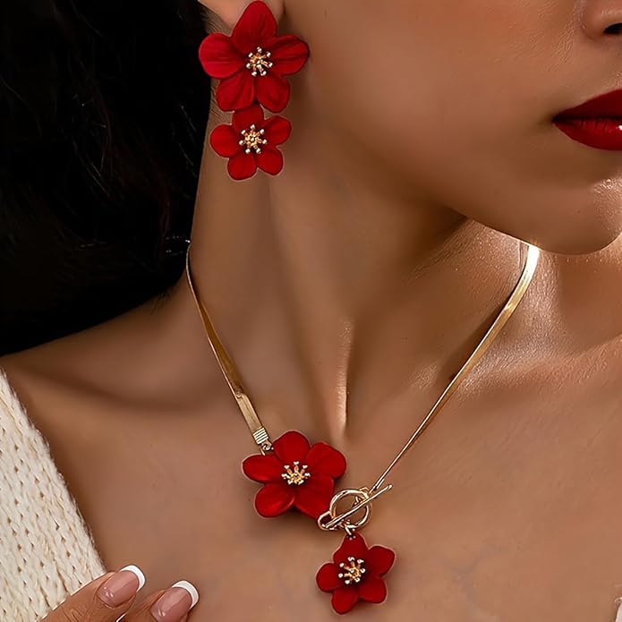 Vintage Flower Necklace Earring Set Gold Snake Chain Necklace Bohemian Red Flowers Choker Necklaces Hypoallergenic Statement Flower Stud Earrings Elegant Bridal Wedding Summer Beach Jewelry