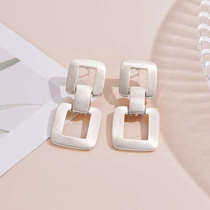 MUYAN Gold Silver Geometric Drop Dangle Earrings for Women Brushed Link Square Dangle Earrings Trendy Jewelry