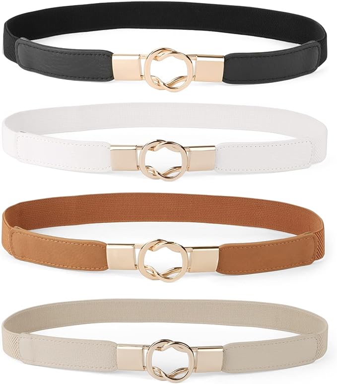 WERFORU Women Skinny Belt for Dresses Retro Stretch Waist Belt with Gold Buckle Set of 4