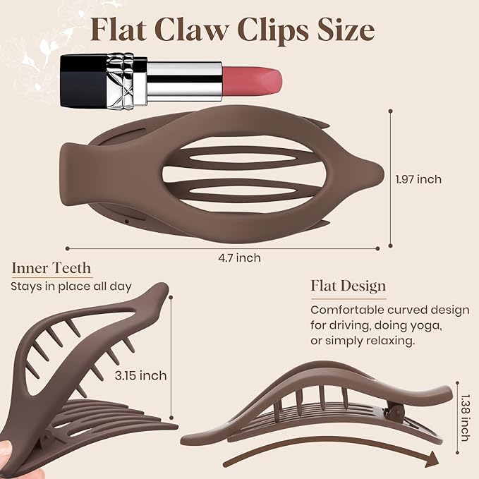 6 PCS Large Flat Hair Clips for Women Girls, French Concord Lay Down Claw Clips for Thick Thin Hair, Comfortable Curved Flat Clips, Matte Non-slip Strong Hold Hair Accessories, Brown