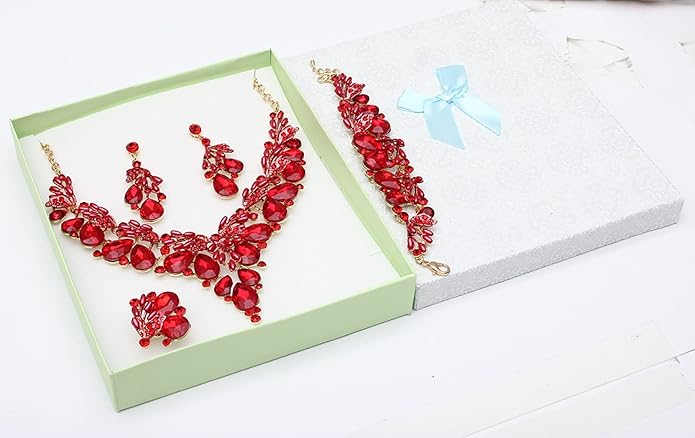 Jewelry Set for Women, Statement Necklace Dangle Earrings Bracelet Ring, White/KC Gold Plated Jewelry Set with Rhinestone Pearl Crystal Wedding Party Jewelry for Bridal Bridesmaid