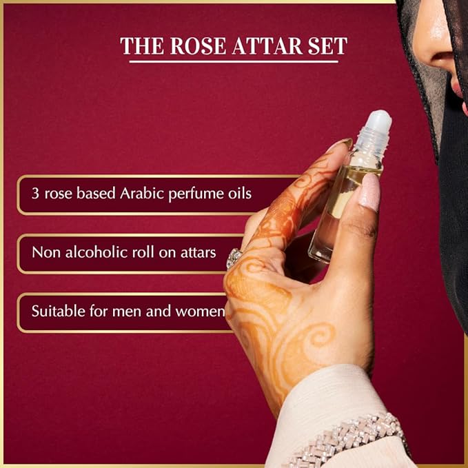Dukhni Rose Attar Oil Set | Authentic Arabic Fragrance Oils 3pc x 6ml | 100% Pure, Alcohol-Free Original Gulab Attar Blends | Best gift for men & women, Ramadan gift, Islamic fragrance