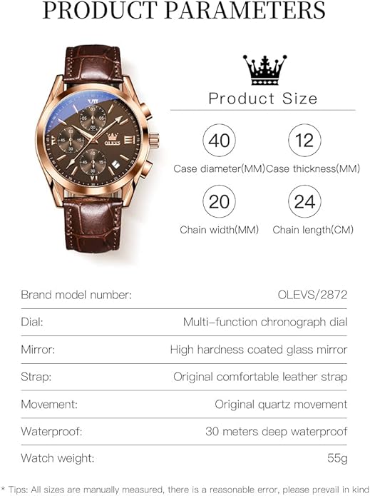 OLEVS Men's Watches Brown Leather with Date,Casual Watches for Men,Large Face Watches Men,Chronograph Mens Watch,Sport Waterproof Business Dress Analog Quartz Men's Wrist Watches Reloj De Hombre