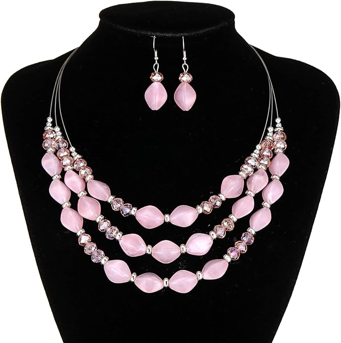 3 Layered Chunky Statement Necklace for Women Beaded Strand Necklaces with Earring Fashion Costumes Collar Necklace Jewelry Sets Gifts for Women