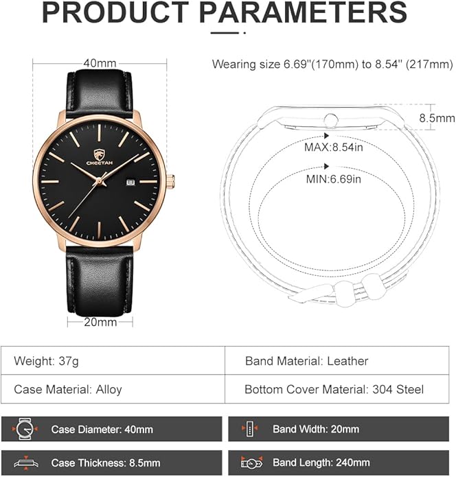 CHEETAH Minimalist Waterproof Quartz Watches for Men with Leather Strap, Auto Date