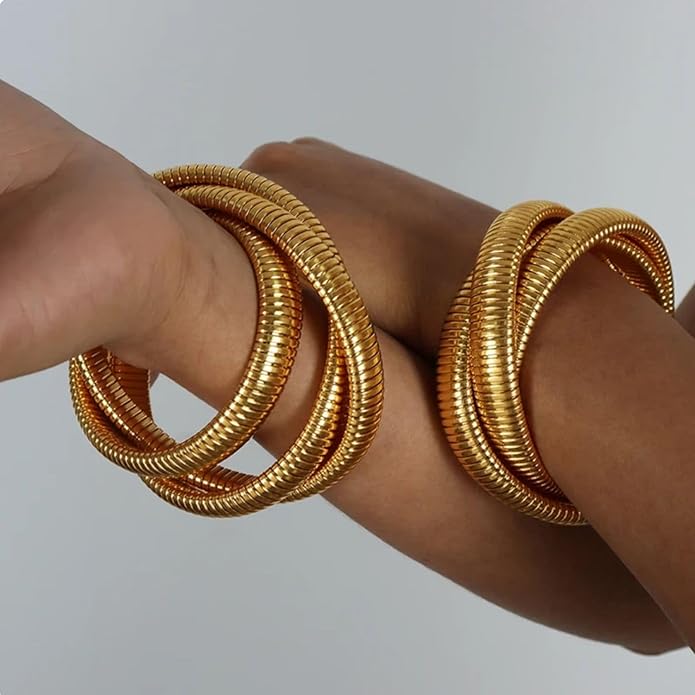 MISS RIGHT Gold Chunky Stretch Snake Chain Bangle Bracelets Stack for Women Trendy, 18K Gold Filled Stainless Steel Stretchy Womens Stackable Wristband Bangles Bracelet Set