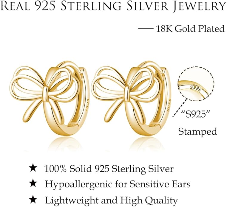 Reffeer Solid 925 Sterling Silver Bow Hoop Earrings Ribbon for Women Teen Girls Bowknot Hoop Earrings Huggie