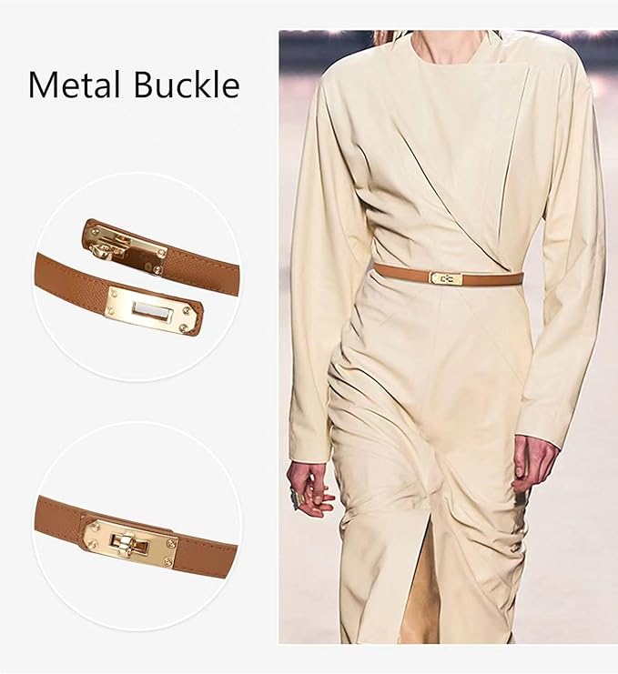 Women's Skinny Leather Belt with Adjustable Silver Turn-Lock Buckle - Ideal for Dresses, Jeans, and Coats, Black