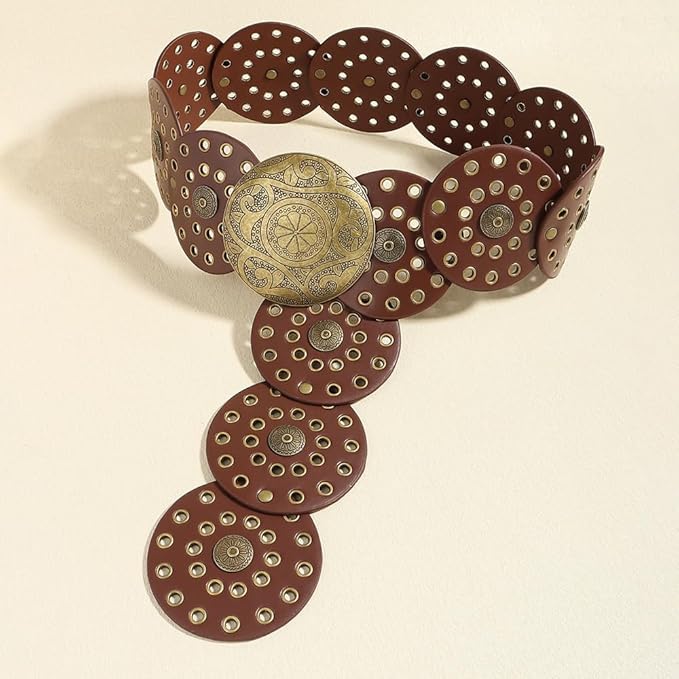 Hollow Wide Disc Belt for Women Concho Leather Metal Buckle Boho Belt Cowgirl Vintage Western Chunky Waist Belts