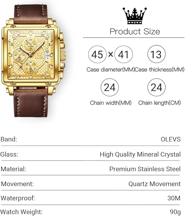 OLEVS Men's Casual Leather Watch, Big Face Chronograph Watch for Men, Fashion Easy to Read Dress Watch, Men's Waterproof Luminous Date Analog Watch, Gold/Black/White/Blue Dial