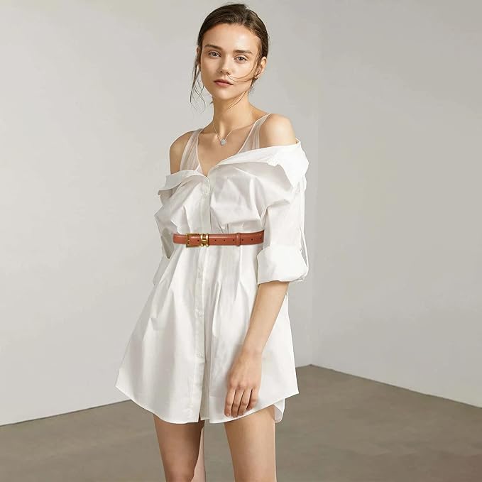 Women's Fashion Classic Metal Buckle Leather Belt with Jeans Dress