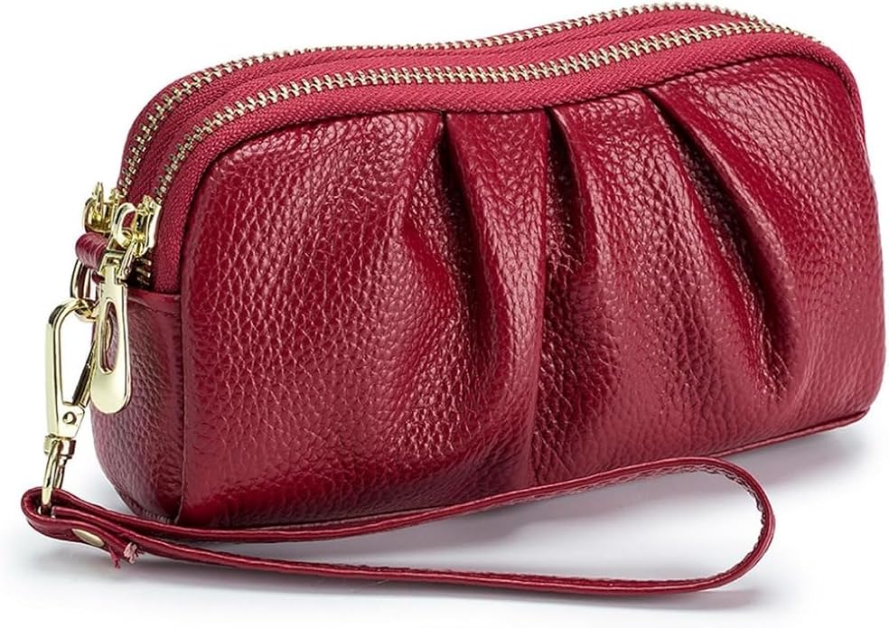 Genuine Leather Wristlet for Women, Ruched Clutch Wallet Purse, Compact Ladies Wristlet with Card Slots