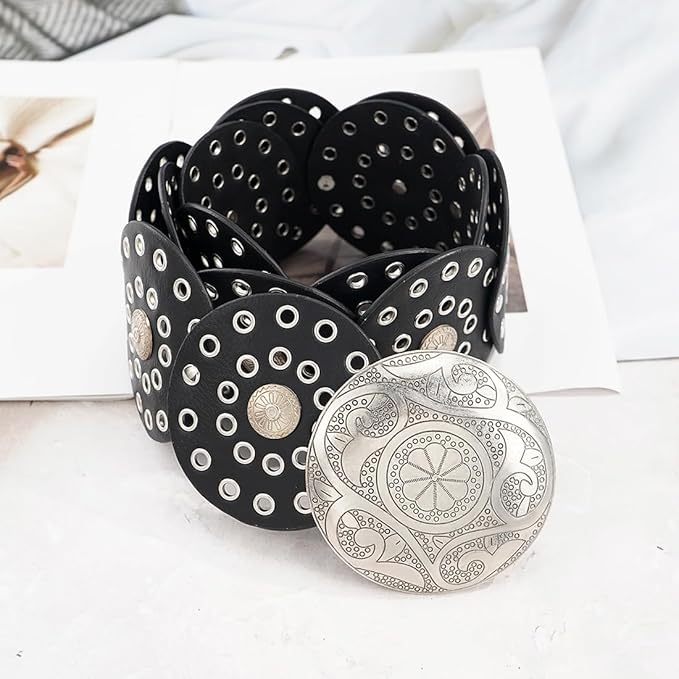 Wide Disc Belt for Women Vintage Hollow Boho Leather Belt Western Chunky Waist Belt Cowboy Metal Buckle Concho Belts