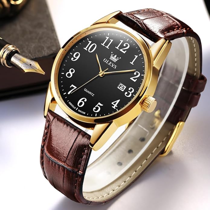 OLEVS Mens Watches Vintage Leather Band Dress Classic Easy Reader Arabic Numerals Analog Quartz Waterproof Date and Day Blue/Black/White Large Face Men's Wrist Watches