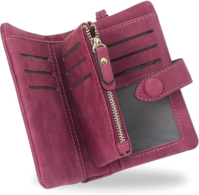 Women's Leather Wristlet Wallet, Bifold RFID Purse with ID Window, Zipper Coin Pocket for Daily Essentials (fuchsia)