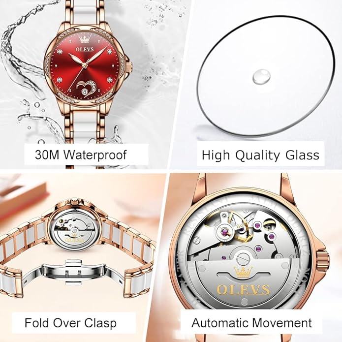 OLEVS Womens Automatic Watch, Premium Large Face Diamond Accented Self Winding Watches for Women, Fashion Waterproof Ladies Dress Watch, Two Tone Stainless Steel Ceramic Bracelet