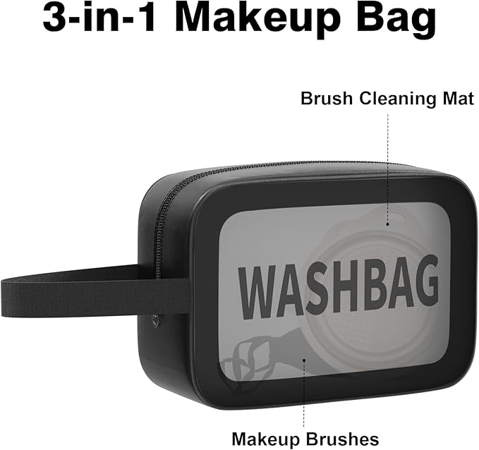 3-in-1 Black Waterproof Makeup Bag Set - Includes Travel Cosmetic Case, Daily Eyeshadow Brushes & Foldable Brush Cleaning Bowl, All-in-One Organizer for Beauty Lovers