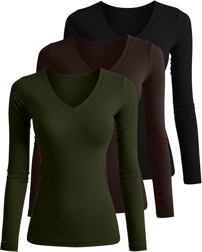Ficerd 3 Pack Women's Long Sleeve Shirts, V Neck Basic Tees Slim Fitted Casual Fall Tops Going Out Blouses T Shirts