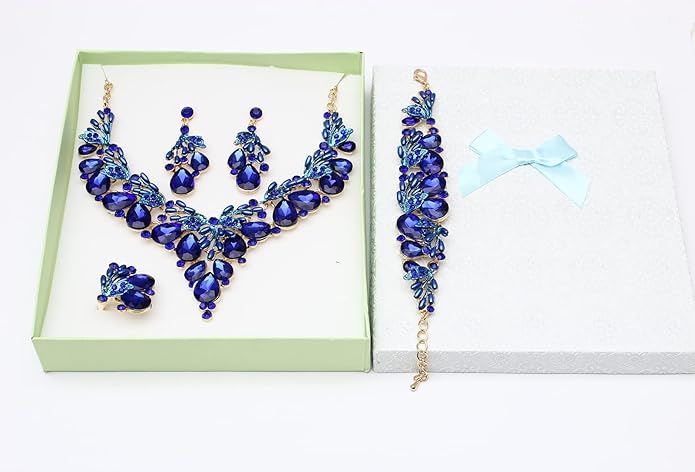 Jewelry Set for Women, Statement Necklace Dangle Earrings Bracelet Ring, White/KC Gold Plated Jewelry Set with Rhinestone Pearl Crystal Wedding Party Jewelry for Bridal Bridesmaid