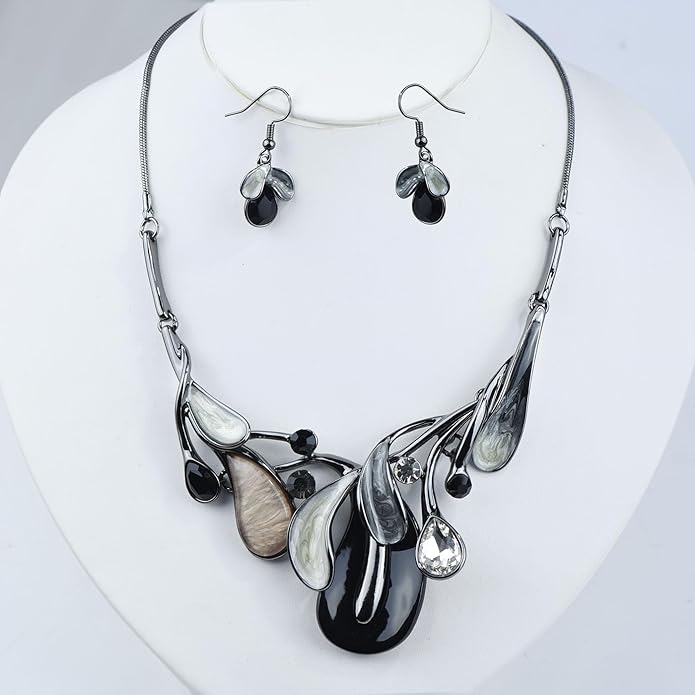 Vintage Statement Jewelry Set Leaf Floral Bohemian Boho Statement Necklace Earring Set Crystal Fashion Costume Jewelry