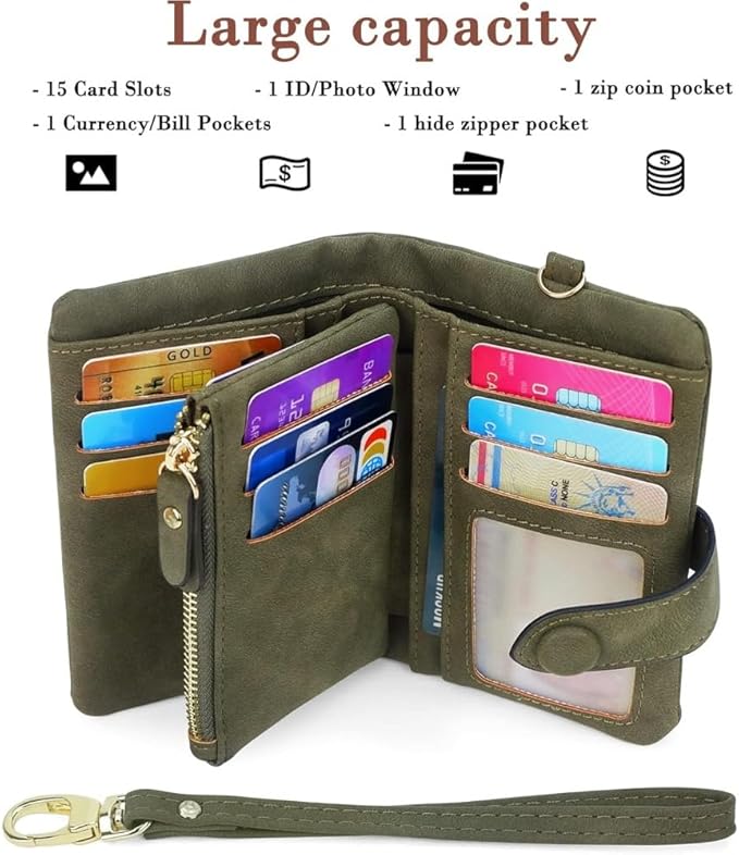 Women's Leather Wristlet Wallet, Bifold RFID Purse with ID Window, Zipper Coin Pocket for Daily Essentials (Olive green)