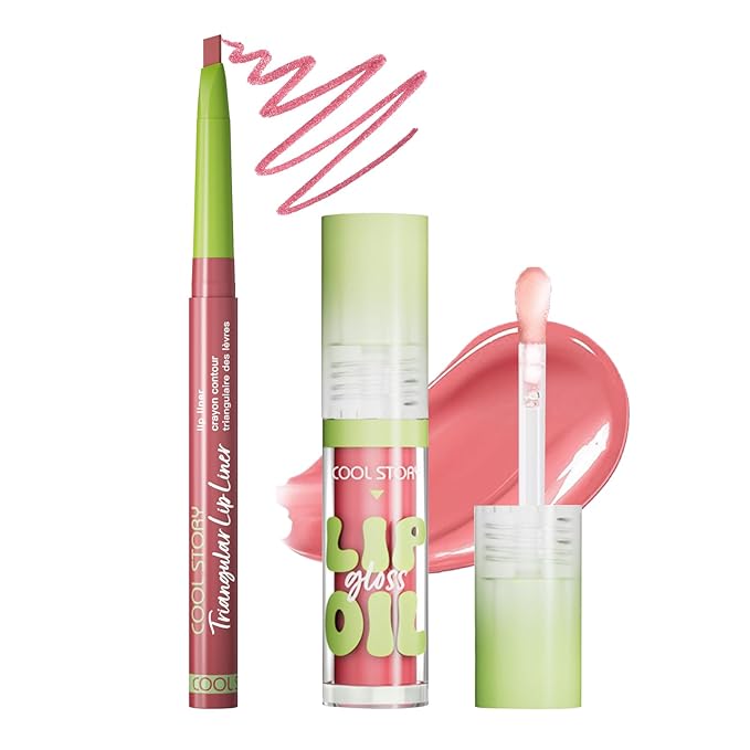 Pink Lip Liner Lip Oil Gloss Click Clear Shimmer, Long Wear Makeup Fat Oil Set With Natural Oils for Nourishment, Moisturizing Lip Lipstick Gloss Lip Liner Pencil Combo Set