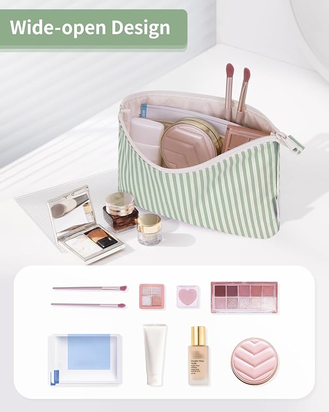 Narwey Small Striped Makeup Bag for Purse Travel Makeup Pouch Cosmetic Bag Zipper Pouch Bags for Women (Mint Green Stripe)