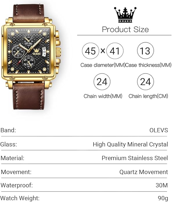 OLEVS Men's Casual Leather Watch, Big Face Chronograph Watch for Men, Fashion Easy to Read Dress Watch, Men's Waterproof Luminous Date Analog Watch, Gold/Black/White/Blue Dial