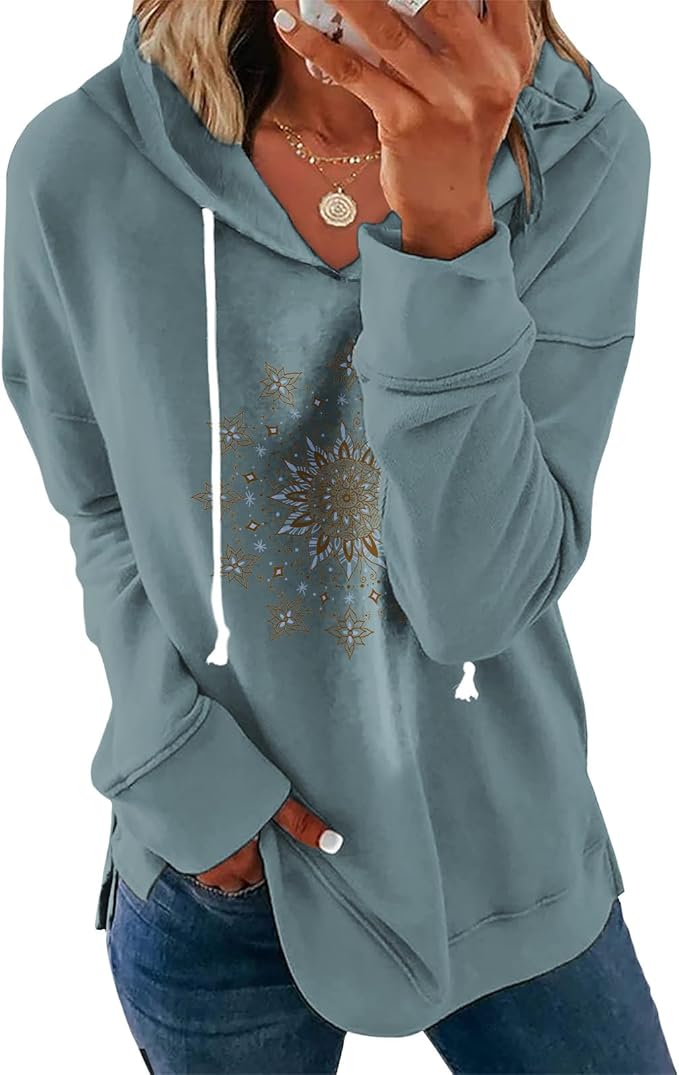 Women's Brown Mandala Print Hoodie Long Sleeve Loose Fit Tunic Top with Drawstring Side Split for Fall Winter