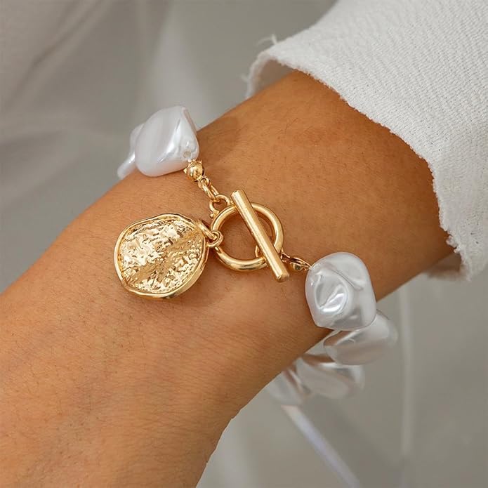 14K Gold OT Buckle Coin Pearl Paperclip Stacked Bracelet Set for Women, Statement Snake Pearl Paper Clip Bracelets Stack Dainty Prom Party Jewelry Gift