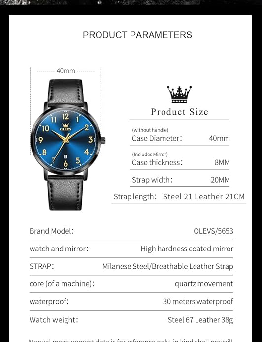 OLEVS Mens Watches, Casual Leather Watches for Men Easy to Read Quartz Number Watch with Date Waterproof Blue/Black/Silver Face Men's Wrist Watches…
