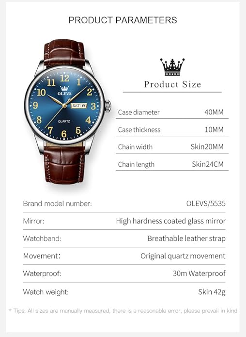 OLEVS Mens Watches Vintage Leather Band Dress Classic Easy Reader Arabic Numerals Analog Quartz Waterproof Date and Day Blue/Black/White Large Face Men's Wrist Watches