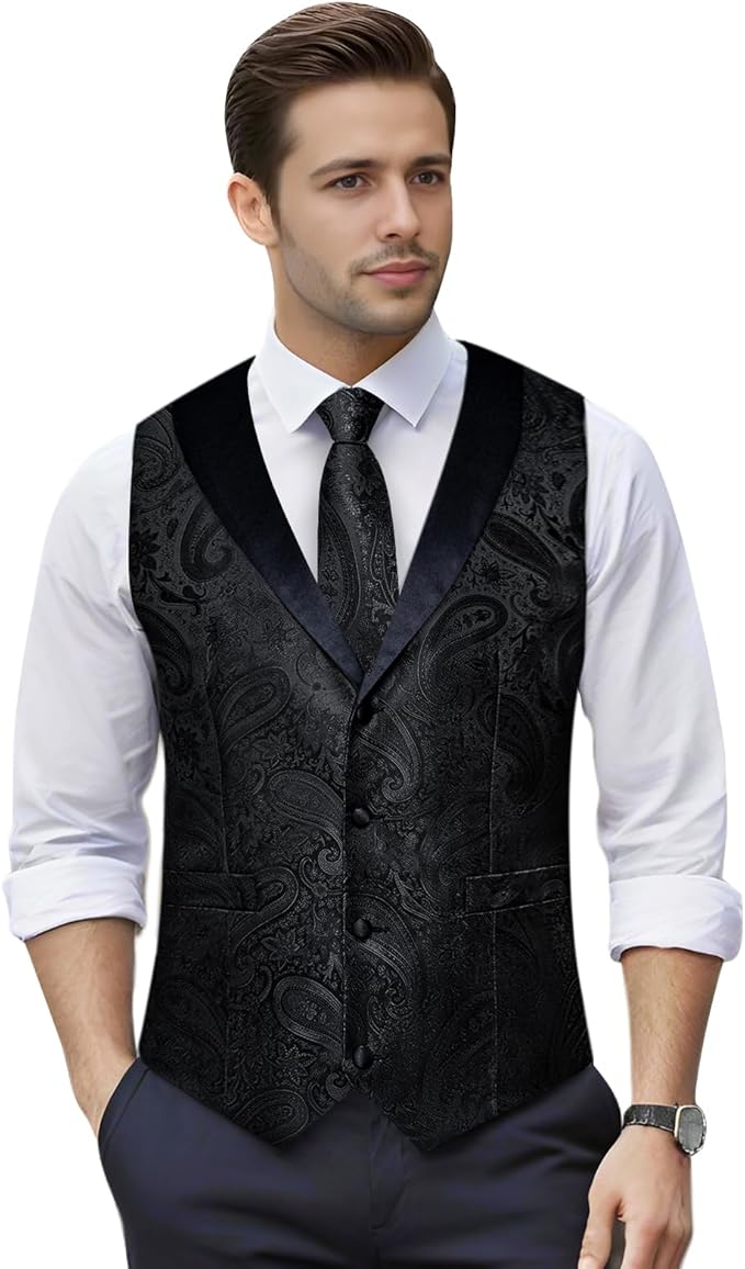 DiBanGu Mens Paisley Suit Vest Silk Jacquard Waistcoat and Necktie Set Formal Shawl Collar Dress Vest 7PCS for Wedding Party