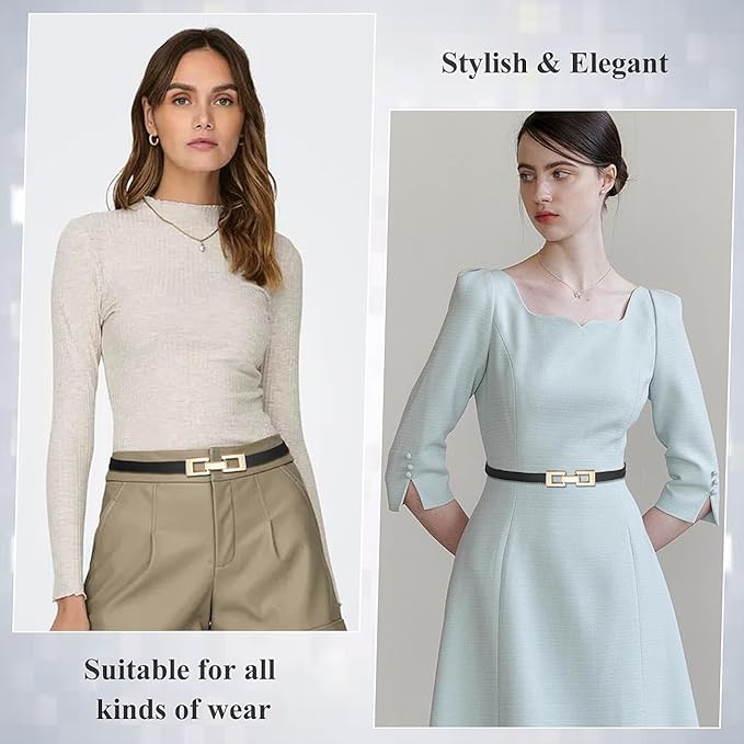 Glamorstar Skinny Belts for Women Thin PU Leather Waist Belt with Gold Buckle for Dresses