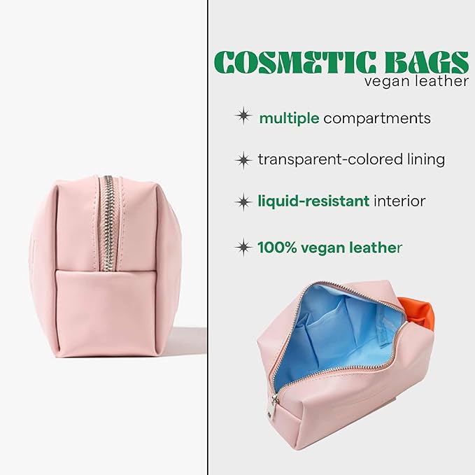SARELLY, Mini Makeup Bag, Pink Vegan Leather with Compartments, Leak-proof, Sarelly Creativo Lab