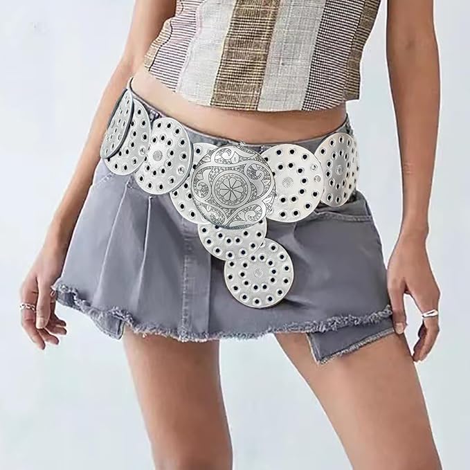 Hollow Wide Disc Belt for Women Concho Leather Metal Buckle Boho Belt Cowgirl Vintage Western Chunky Waist Belts