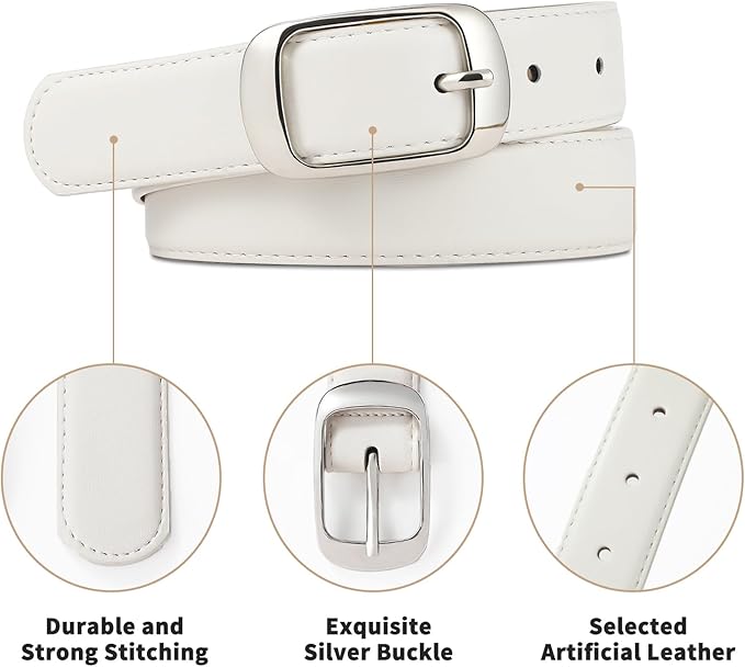 Womens White Belts with Gold Buckle Leather Belts for Women Ladies Fashion Waist Belt