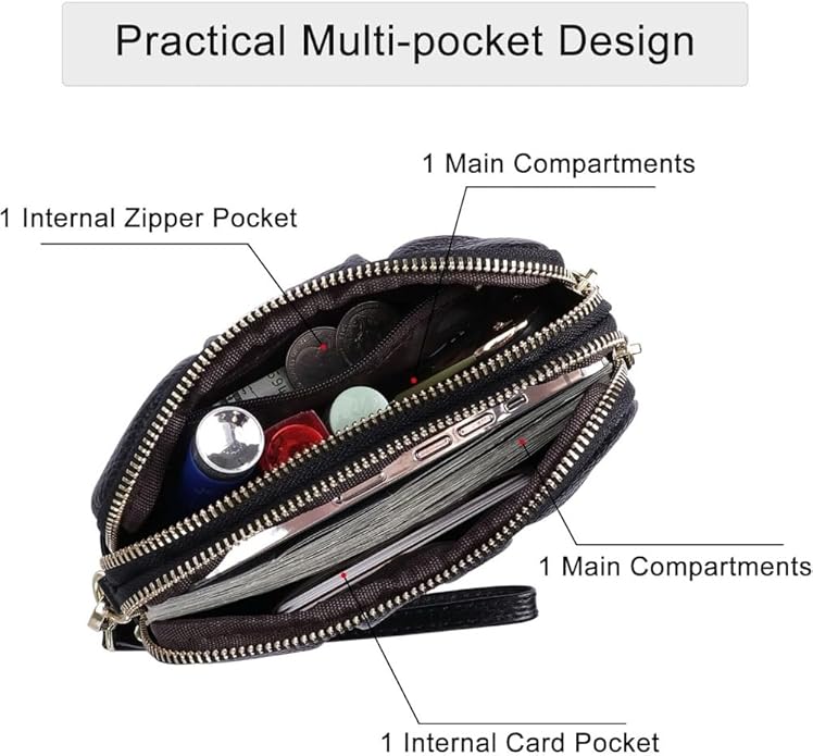 Genuine Leather Wristlet for Women, Ruched Clutch Wallet Purse, Compact Ladies Wristlet with Card Slots